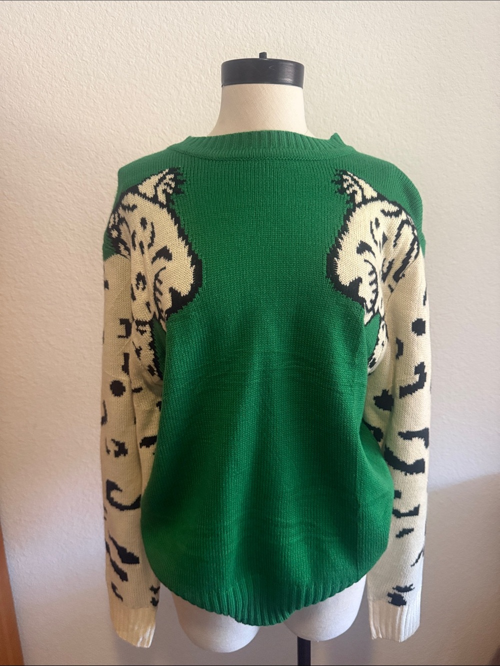 Green Tiger-Print Crewneck Sweater